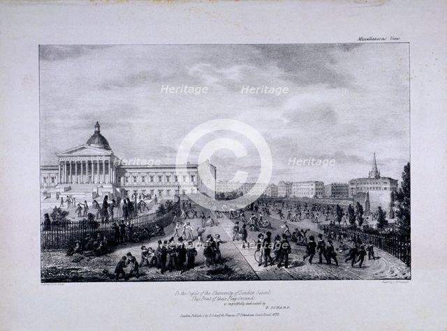 View of University College School's playground with University College to the right, 1833. Artist: George Scharf