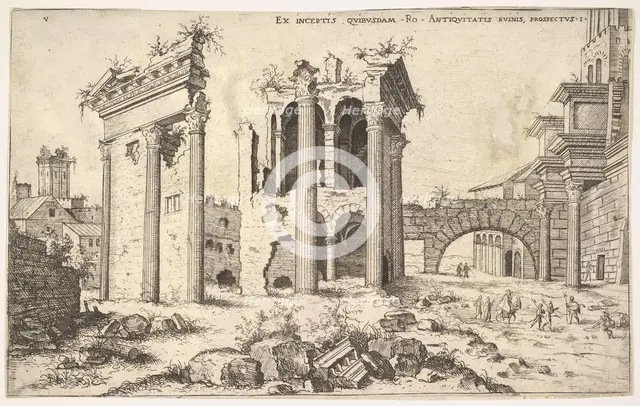 View of unidentified ruins with trabeated facade at left, arcades at center, and arch at r..., 1551. Creator: Hieronymus Cock.