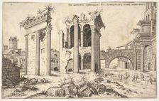 View of unidentified ruins with trabeated facade at left, arcades at center, and arch at r..., 1551. Creator: Hieronymus Cock