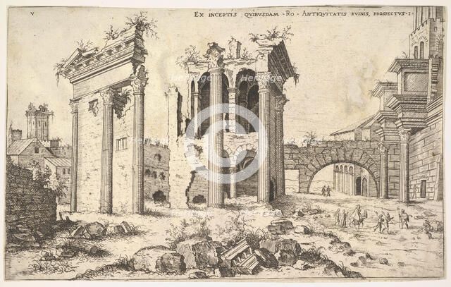View of unidentified ruins with trabeated facade at left, arcades at center, and arch at r..., 1551. Creator: Hieronymus Cock.