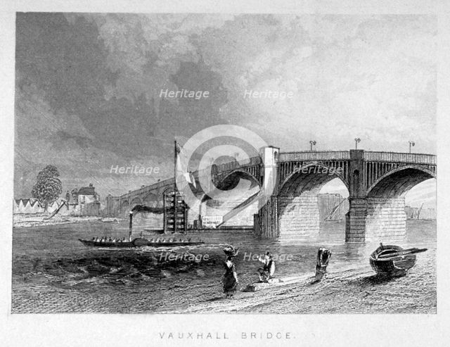 View of Vauxhall Bridge with a steamboat on the Thames, London, c1847. Artist: Anon
