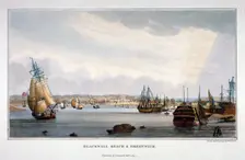 View of water vessels on the River Thames showing Blackwall and Greenwich, London, 1821. Artist: WH Timms