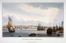 View of water vessels on the River Thames showing Blackwall and Greenwich, London, 1821. Artist: WH Timms