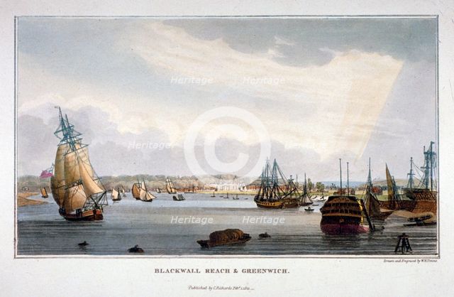 View of water vessels on the River Thames showing Blackwall and Greenwich, London, 1821.             Artist: WH Timms