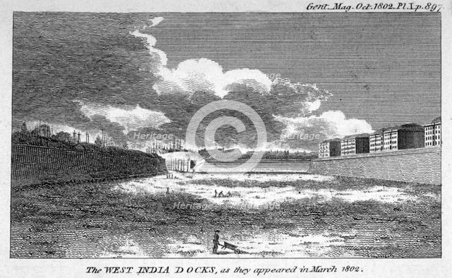 View of West India Docks, Poplar, London, 1802. Artist: Anon