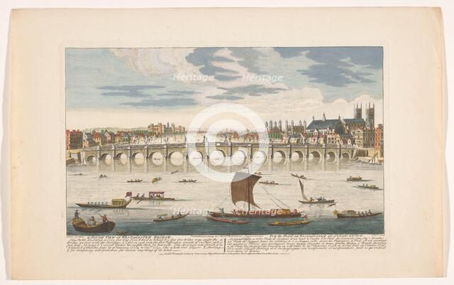 View of Westminster Bridge over the River Thames in London, viewed from the north, 1751. Creator: Fabr. Parr.