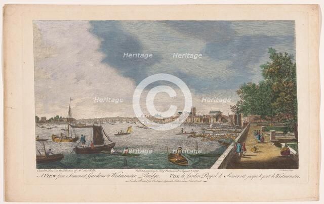 View of Westminster Bridge over the River Thames in London, seen from the garden of Somer..., 1750. Creator: John Miller.