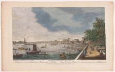 View of Westminster Bridge over the River Thames in London, seen from the garden of Somer..., 1750. Creator: John Miller