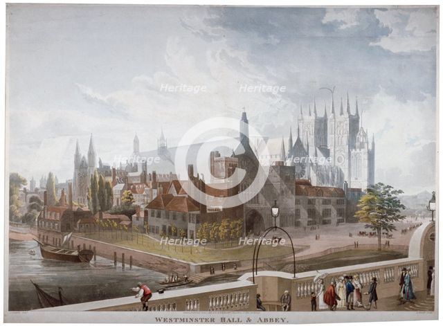 View of Westminster Hall and Abbey, from Westminster Bridge, London, 1819.                           Artist: Daniel Havell