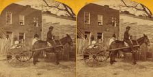 View of a man in mule cart in front of a home, 1875. Creator: Unknown