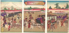 View of a Military Review Parade at Aoyama, Feb. 1889 (Meiji 22)., Feb. 1889 (Meiji 22). Creator: Utagawa Kunisada II