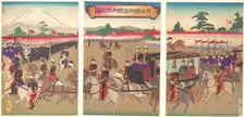 View of a Military Review Parade at Aoyama, Feb. 1889 (Meiji 22)., Feb. 1889 (Meiji 22). Creator: Utagawa Kunisada II