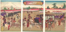 View of a Military Review Parade at Aoyama, Feb. 1889 (Meiji 22)., Feb. 1889 (Meiji 22). Creator: Utagawa Kunisada II