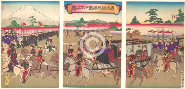 View of a Military Review Parade at Aoyama, Feb. 1889 (Meiji 22)., Feb. 1889 (Meiji 22). Creator: Utagawa Kunisada II.
