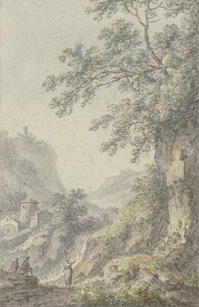 View of a mountain landscape with a castle, in the foreground a sunken lane with three figures, 1767 Creator: Johann Heinrich Muntz