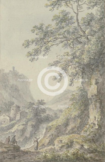 View of a mountain landscape with a castle, in the foreground a sunken lane with three figures, 1767 Creator: Johann Heinrich Muntz.