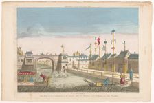 View of a bridge and a row of flags of different boats in Cochin-China, 1700-1799. Creator: Anon