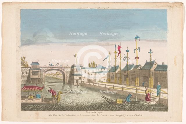 View of a bridge and a row of flags of different boats in Cochin-China, 1700-1799. Creator: Anon.