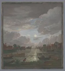 View of a canal in the vicinity of the city of Haarlem in Moonlight, 1753-1797. Creators: Pierre François Basan , Pierre Fouquet, Thomas Major