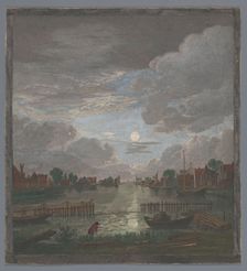 View of a canal in the vicinity of the city of Haarlem in Moonlight, 1753-1797. Creators: Pierre François Basan , Pierre Fouquet, Thomas Major
