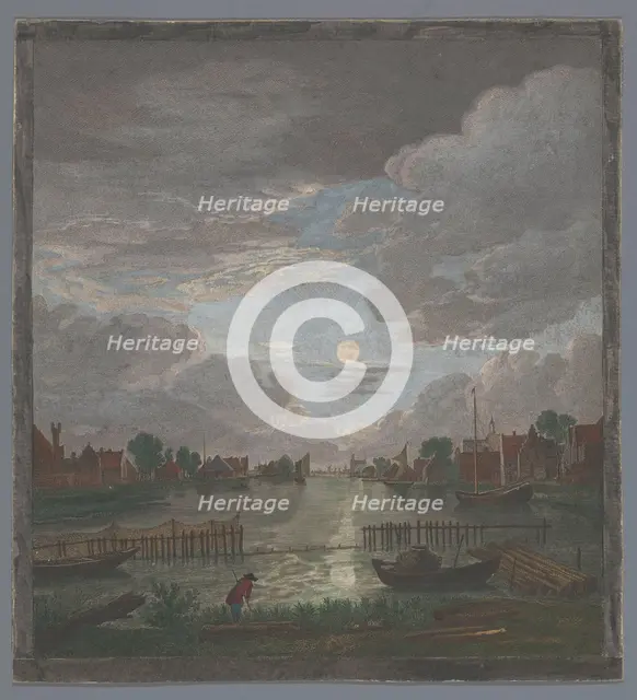 View of a canal in the vicinity of the city of Haarlem in Moonlight, 1753-1797. Creators: Pierre François Basan   , Pierre Fouquet, Thomas Major.