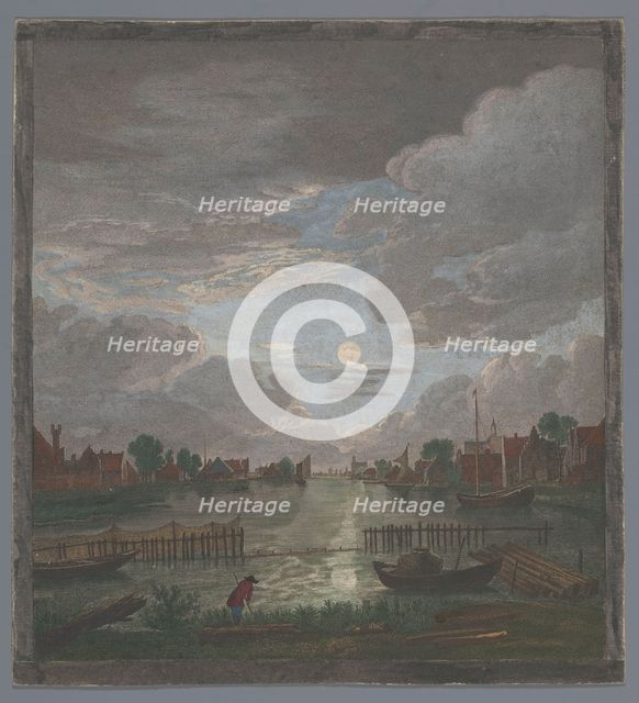 View of a canal in the vicinity of the city of Haarlem in Moonlight, 1753-1797. Creators: Pierre François Basan   , Pierre Fouquet, Thomas Major.