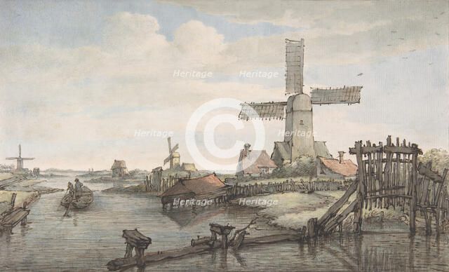 View of a Canal with Three Windmills, late 18th-early 19th century. Creator: Jan Hulswit.