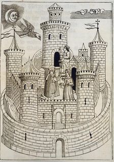 View of a castle, engraving in Coplas de Mallorca (Songs of Majorca), 1398