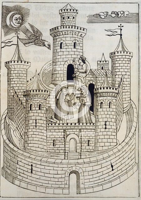 View of a castle, engraving in 'Coplas de Mallorca' (Songs of Majorca), 1398.