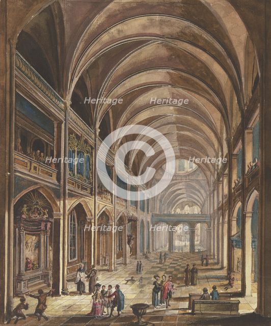 View of a church interior with Baroque furnishings, many figures as staffage, c1773. Creator: Christian Stocklin.