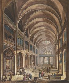 View of a church interior with Baroque furnishings, many figures as staffage, c1773. Creator: Christian Stocklin