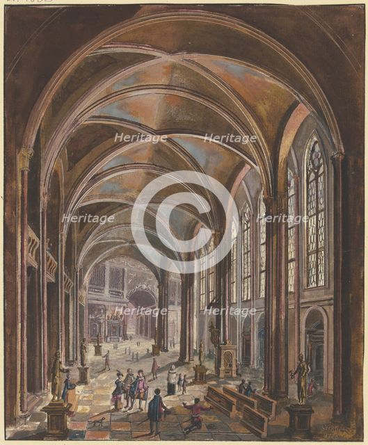 View of a church interior with Gothic windows and Baroque furnishings, 1773. Creator: Christian Stocklin.
