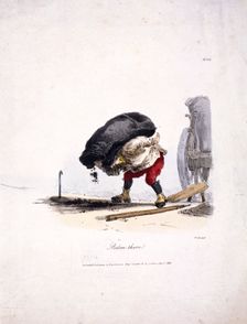 View of a coalman removing a heavy sack of coal from his cart, 1828. Artist: Engelmann, Graf, Coindet and Company