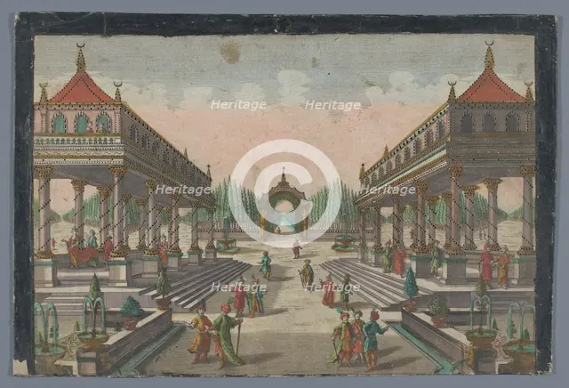 View of a colonnade towards a cypress garden in Constantinople, 1742-1801. Creator: Anon.