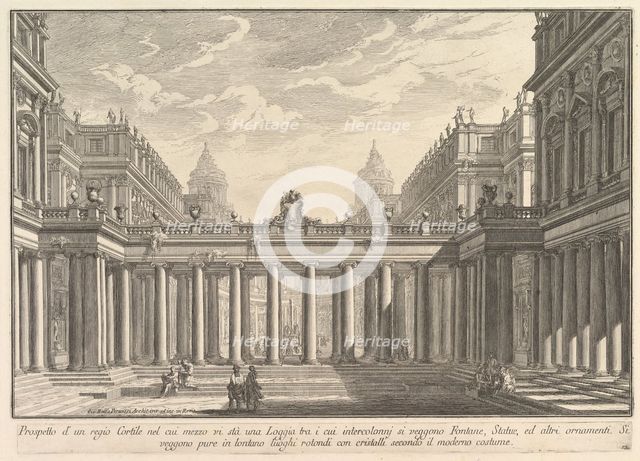 View of a courtyard with a loggia, fountains, statues, and other ornaments (Prospetto ..., ca. 1750. Creator: Giovanni Battista Piranesi.