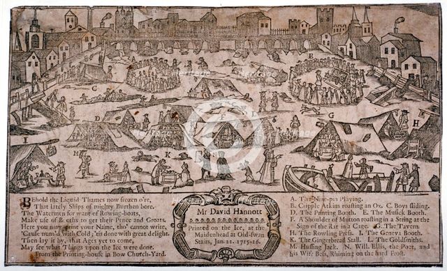 View of a frost fair on the River Thames looking towards London Bridge, London, c1715. Artist: Anon
