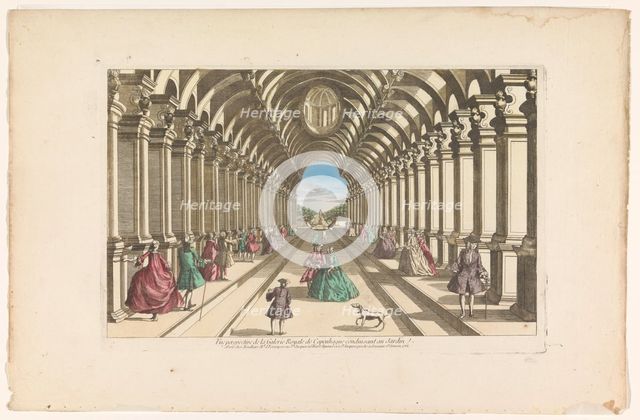 View of a gallery leading to a garden in Copenhagen, 1761. Creator: Unknown.