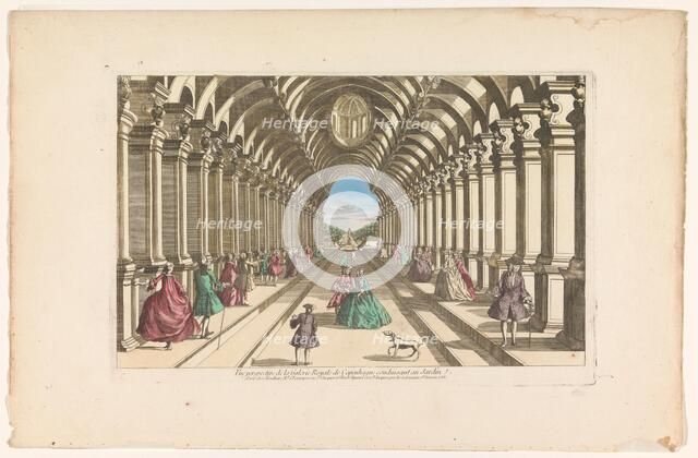 View of a gallery leading to a garden in Copenhagen, 1761. Creator: Unknown.