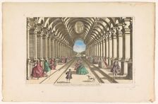 View of a gallery leading to a garden in Copenhagen, 1761. Creator: Unknown