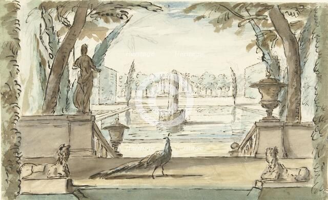 View of a garden with a pond, a fountain and a peacock, 1677-1755. Creator: Elias van Nijmegen.