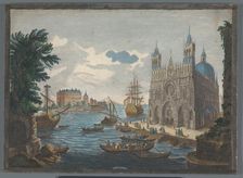 View of a Gothic Cathedral on the Water, 1760. Creator: Jean Moyreau