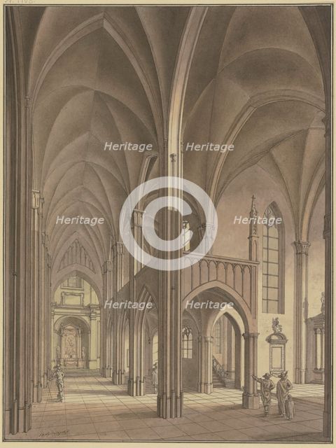 View of a Gothic church with figures in 17th-century costumes, 1776. Creator: Johann Vogelin.