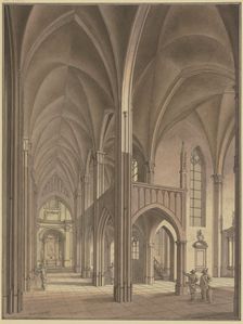 View of a Gothic church with figures in 17th-century costumes, 1776. Creator: Johann Vogelin