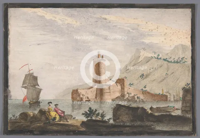 View of a harbor with a tower in Provence, 1700-1799. Creator: Marie-Jeanne Ozanne.