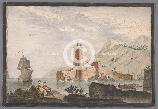 View of a harbor with a tower in Provence, 1700-1799. Creator: Marie-Jeanne Ozanne.
