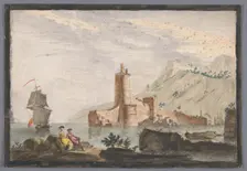 View of a harbor with a tower in Provence, 1700-1799. Creator: Marie-Jeanne Ozanne