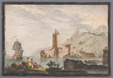 View of a harbor with a tower in Provence, 1700-1799. Creator: Marie-Jeanne Ozanne