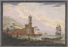 View of a harbor with a tower on the waterfront, 1700-1799. Creator: Anon