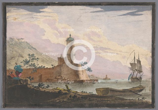 View of a harbor with a tower on the waterfront, 1700-1799. Creator: Anon.