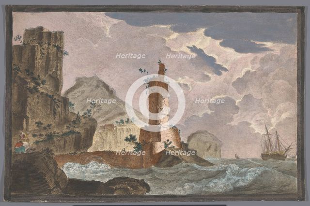 View of a harbor with the ruin of a tower on the waterfront, 1700-1799. Creator: Anon.